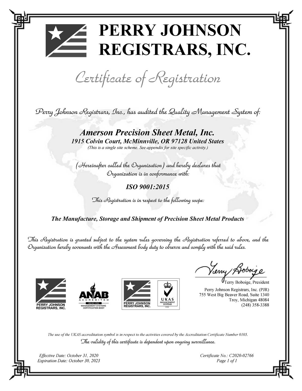 Amerson Precision Sheet Metal, Inc. - Certificate of Registration from Perry Johnson Registrars, Inc.