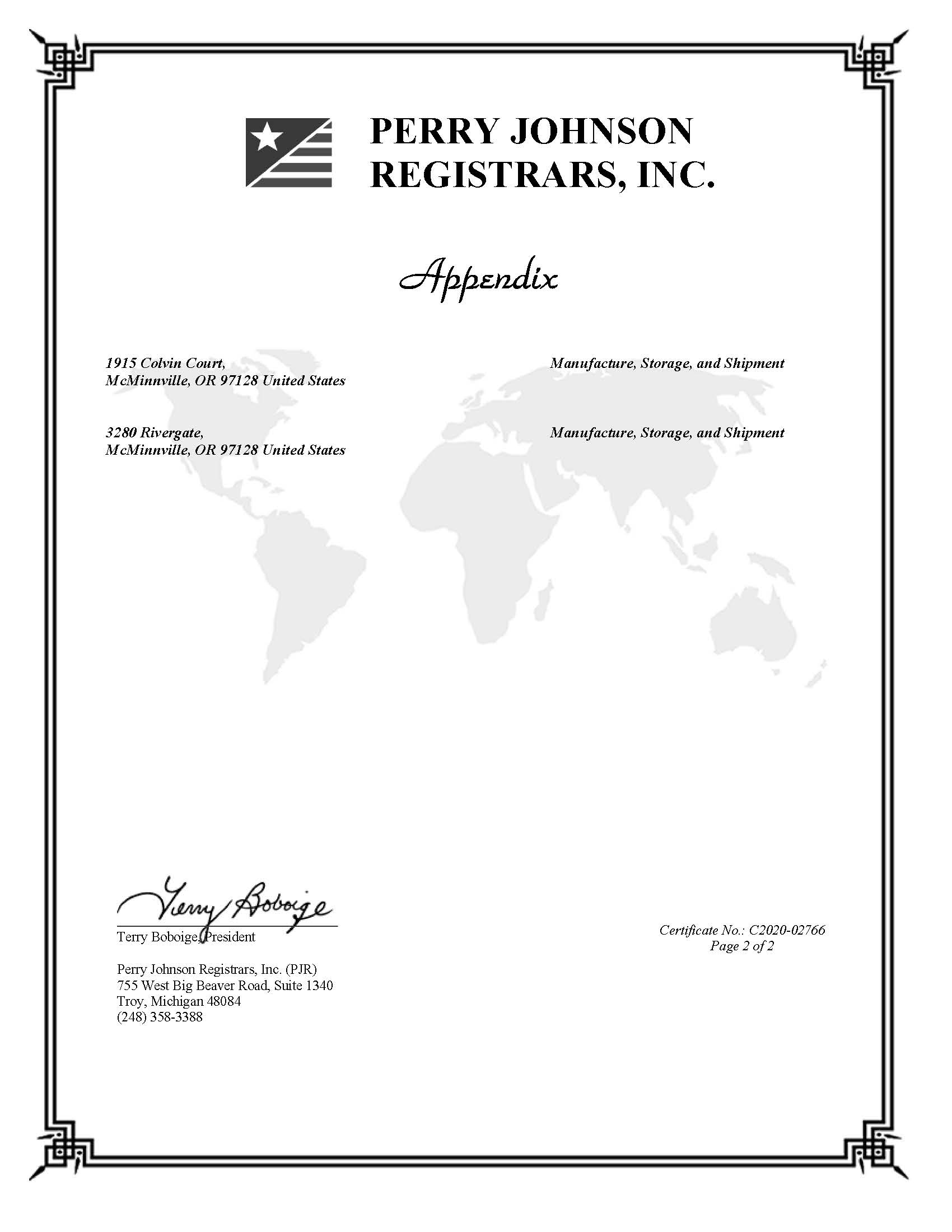 Amerson Precision Sheet Metal, Inc. - Certificate of Registration from Perry Johnson Registrars, Inc.